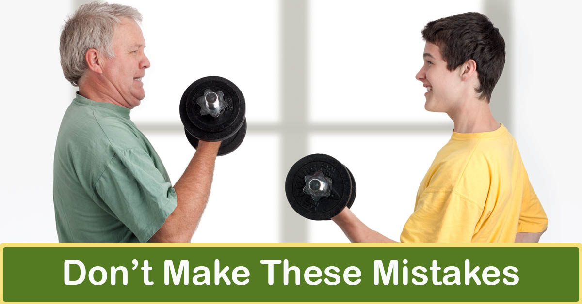 Five Common Workout Mistakes. Picture of an older caucasian male and a young caucasian male lifting lightweight dumbbells.
