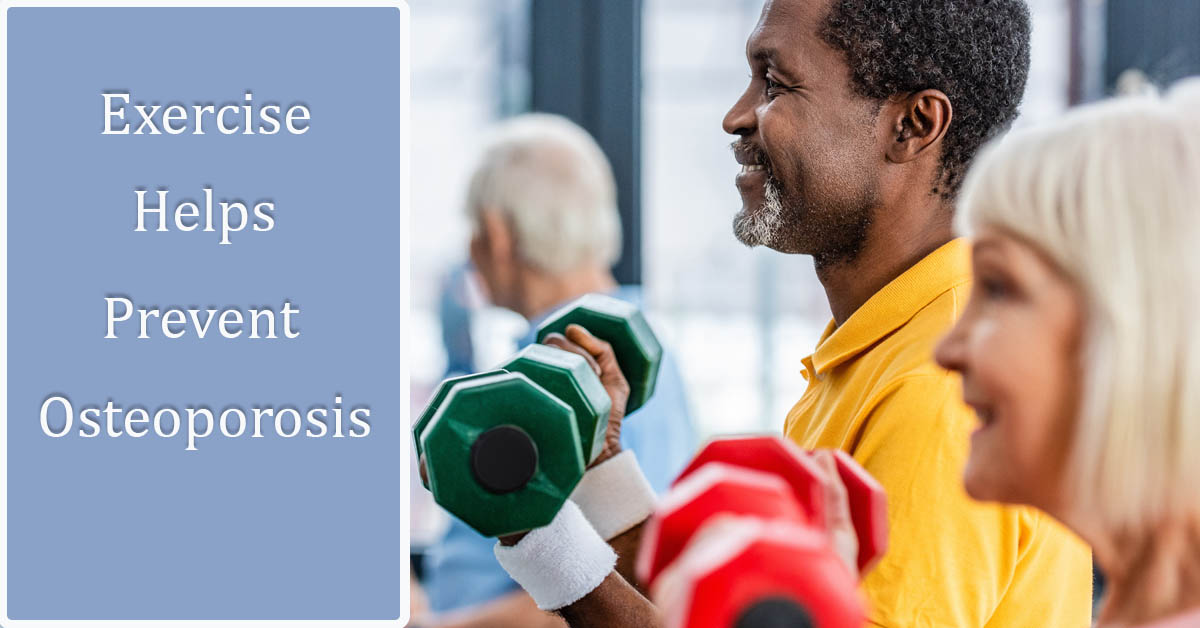 Preventing and Reversing Osteoporosis. Picture of 3 older people. a caucasian male in the background and a black male and a caucasian female in the foreground, lifting light dumbells at a facility.