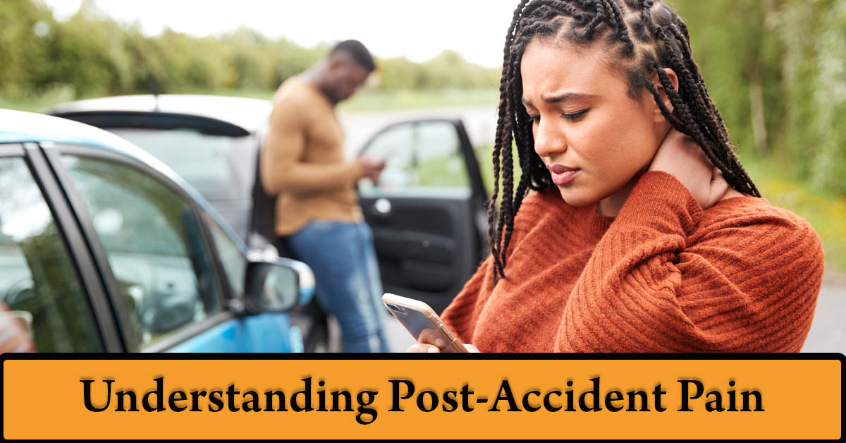 Understanding and Managing Pain After an Auto Accident. Picture of a young black male leaning against his car and on his phone, and a young black female rubbing the back of her neck after appearing to have been in a car accident.